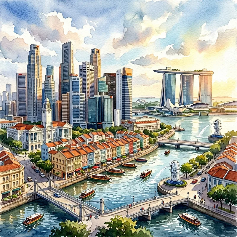 Singapore Cityscape in Watercolor Art | Dynamic Light and Shadow