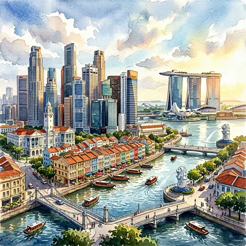 Singapore Cityscape Watercolor Painting | Diverse Architecture Highlights