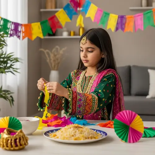 Young Pakistani Girl Prepares for Eid Celebrations with Festive Decor
