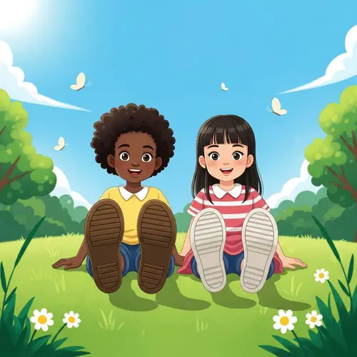 Cheerful Girls Dangling Feet on Sunny Meadow