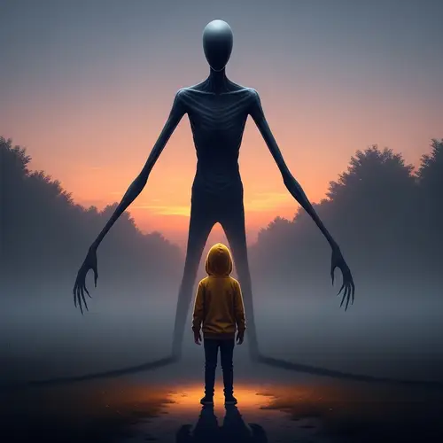 Eerie Encounter: Shadowy Figure Looming Over Boy