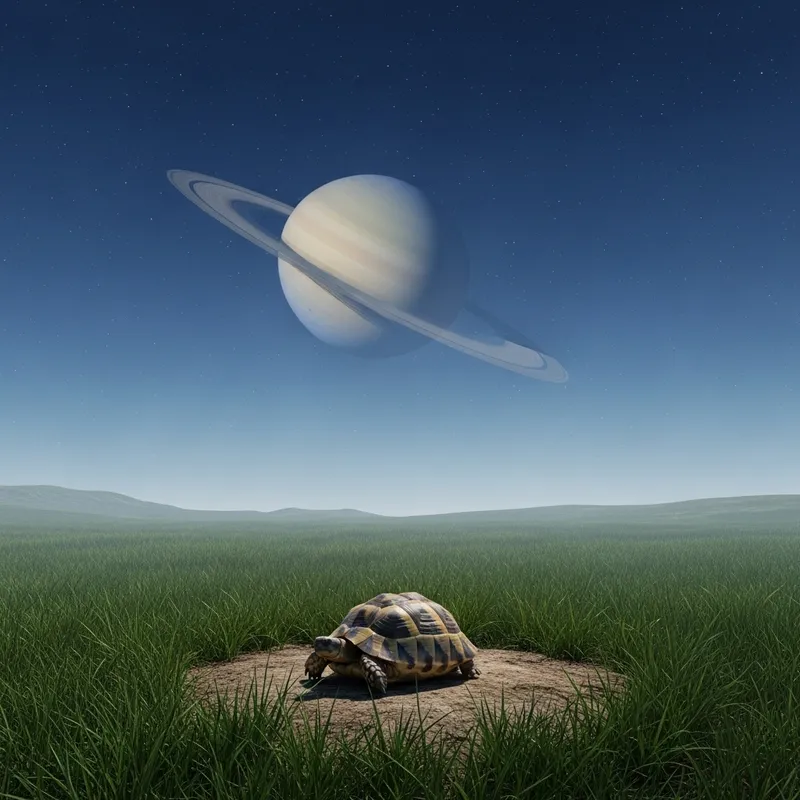 Serene Turtle in Grassy Landscape with Saturn View
