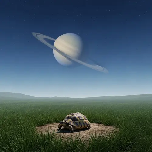 Solitary Turtle in Serene Grass Landscape with Saturn