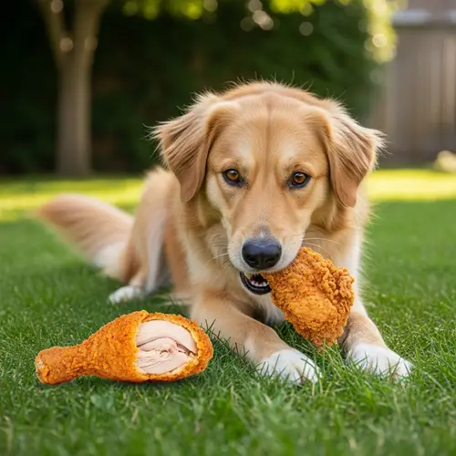 Playful Dog Enjoying Fried Chicken in Backyard