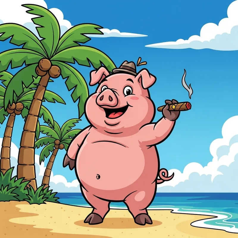 Chubby Cartoon Pig Smoking Cigar Surrounded by Palm Trees