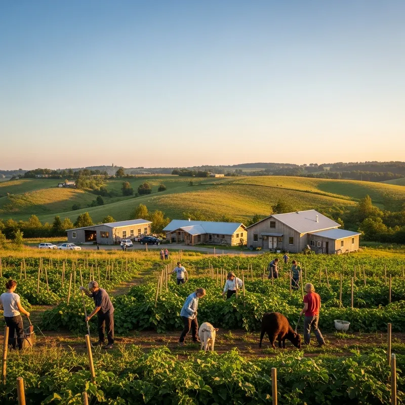 Inclusive Sustainable Farming Community at Early Sunset | Diverse Agriculture