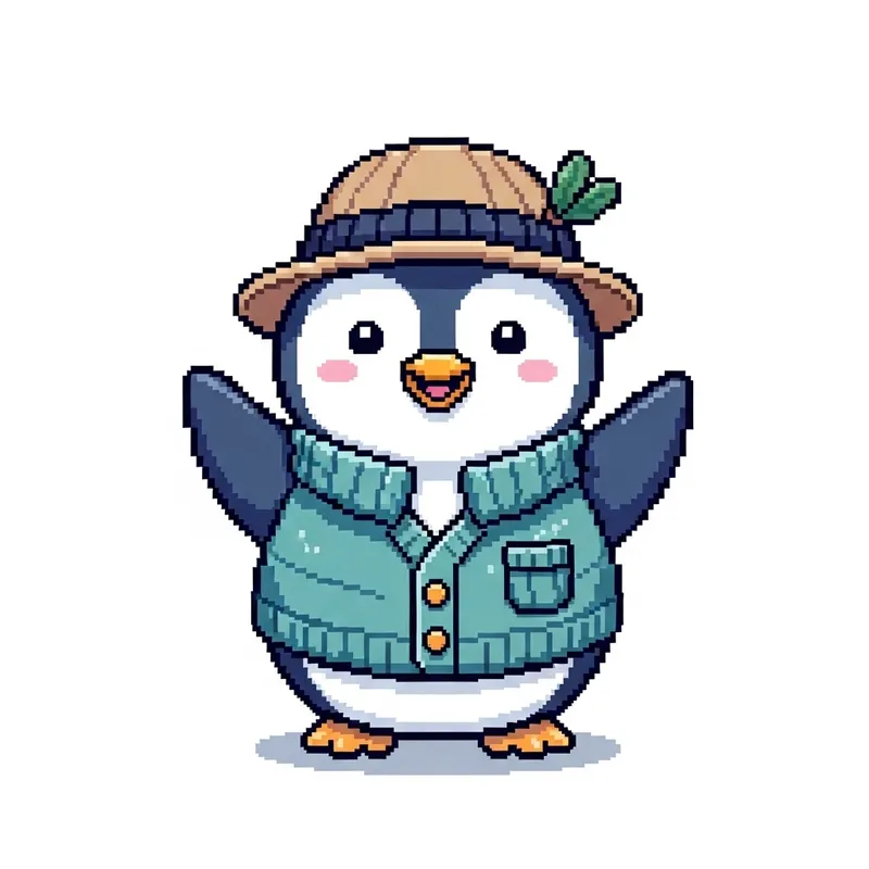 Cheerful Pixel Art Penguin Waving in Style Cheerful Pixel Art Penguin Waving in Style