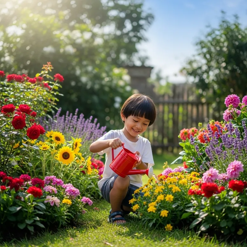 Adorable Indonesian Child Playing in Colorful Flower Garden