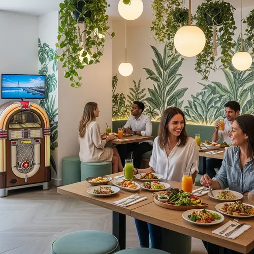 Stylish Vegetarian Lounge: Fresh Ambiance, Plant Murals & Delicious Dishes