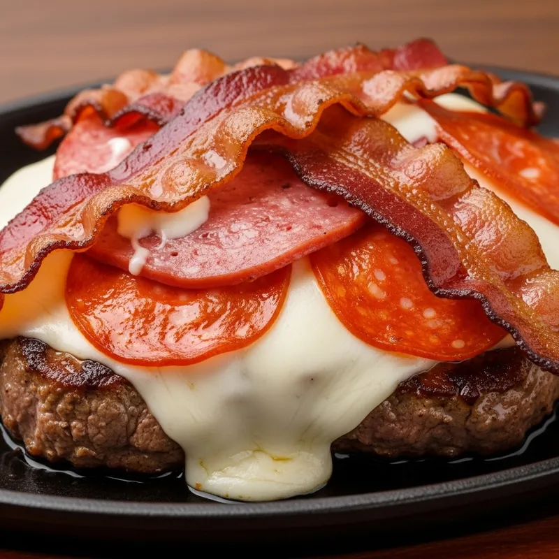 Sizzling Steak with Mozzarella, Bacon & Pepperoni