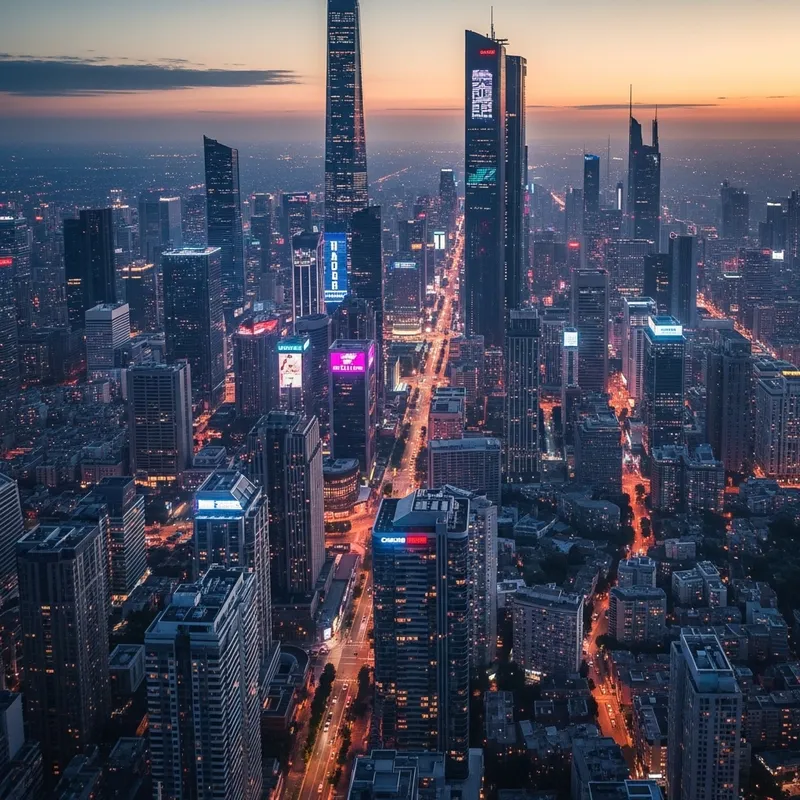 Vibrant Cyberpunk Dystopian Cityscape | Neon Lights & Aerial View