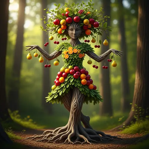 Imaginative Tree-Human Hybrid with Fruitful Bounty in Tranquil Forest