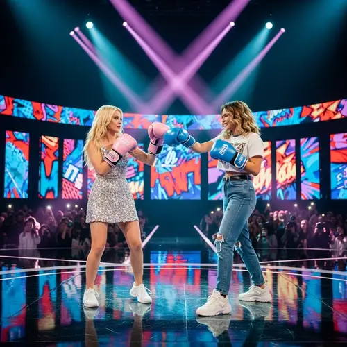 Young Female Pop Singers Playful Boxing Match