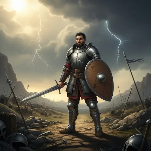 Armored Warrior on Ancient Battleground: Strong Hispanic Male with Broad Sword and Shield
