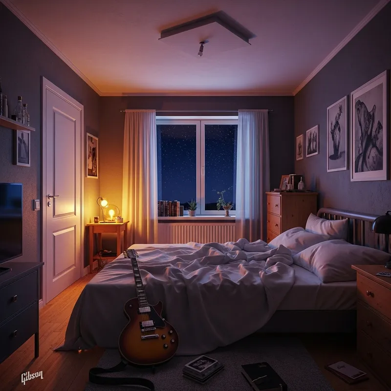 Cozy Nighttime Apartment with Unique Ceiling Design and Guitar Cozy Nighttime Apartment with Unique Ceiling Design and Guitar