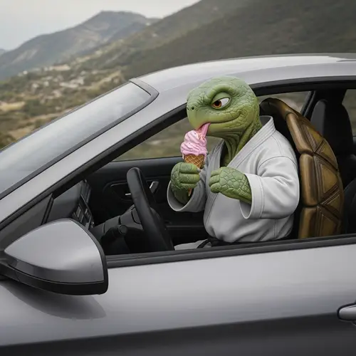 Karate-Practicing Turtle Enjoying Ice Cream in Luxury Sports Car