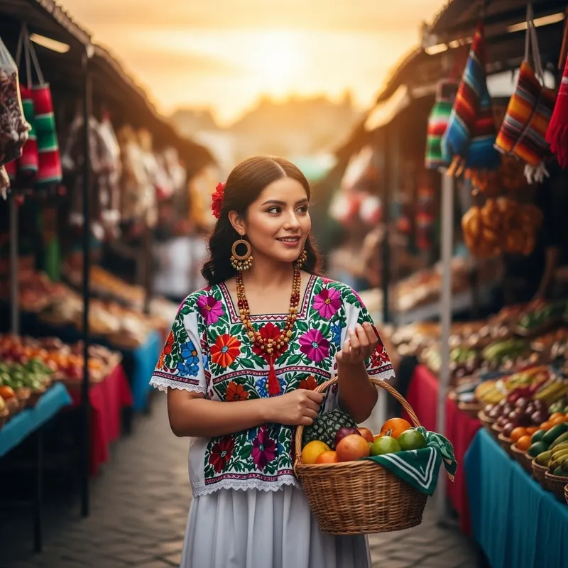 Young Mexican Woman in Colorful Dress at Vibrant Market