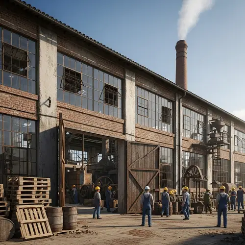 Rustic Factory Scene with Diverse Workers | Historical Site