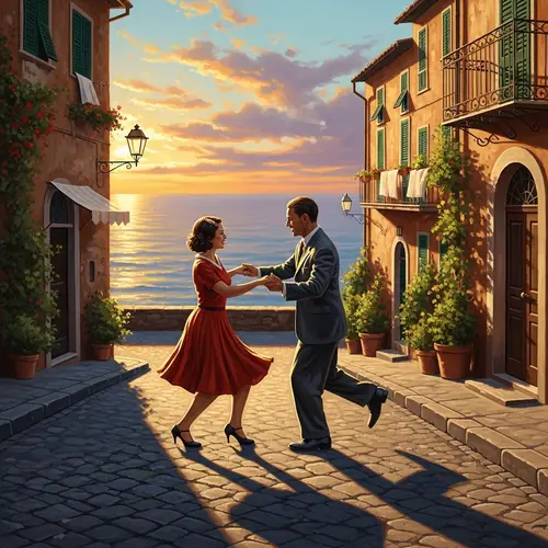 Energetic Mid-30s Couple Swinging Dance in Coastal City Sunset