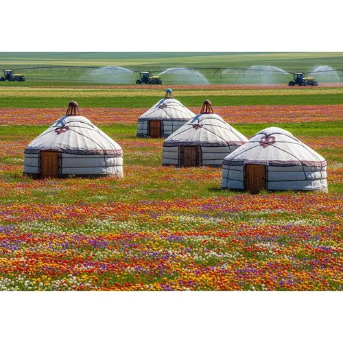 Spring Flowers and Kazakh Yurts in Serene Rural Setting