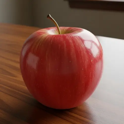Realistic 3D Rendering of Ripe Red Apple on Hardwood Table