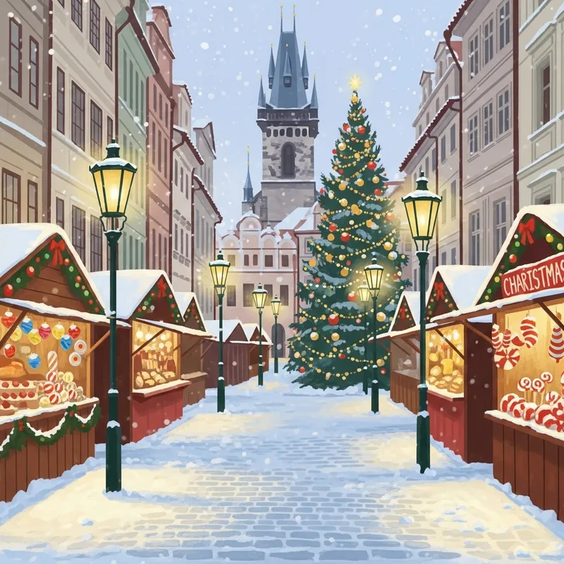Magical Christmas Market in Snowy Vintage Town, Prague