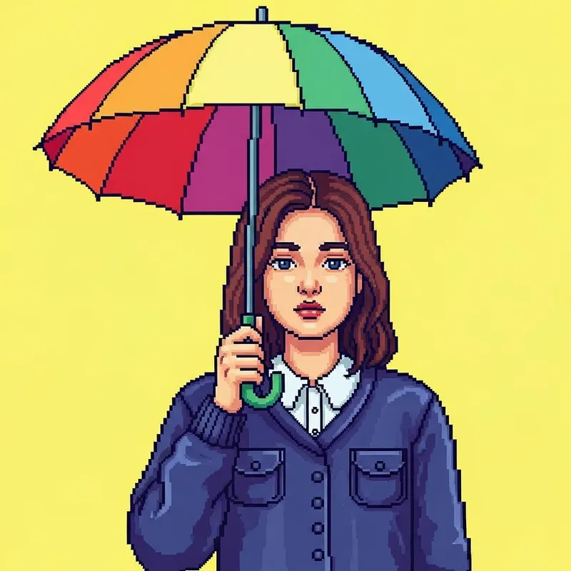 Retro Pixel Art of Girl with Colorful Umbrella