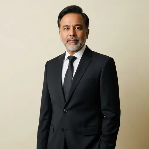 Confident Middle-Aged South Asian Man in Charcoal Suit