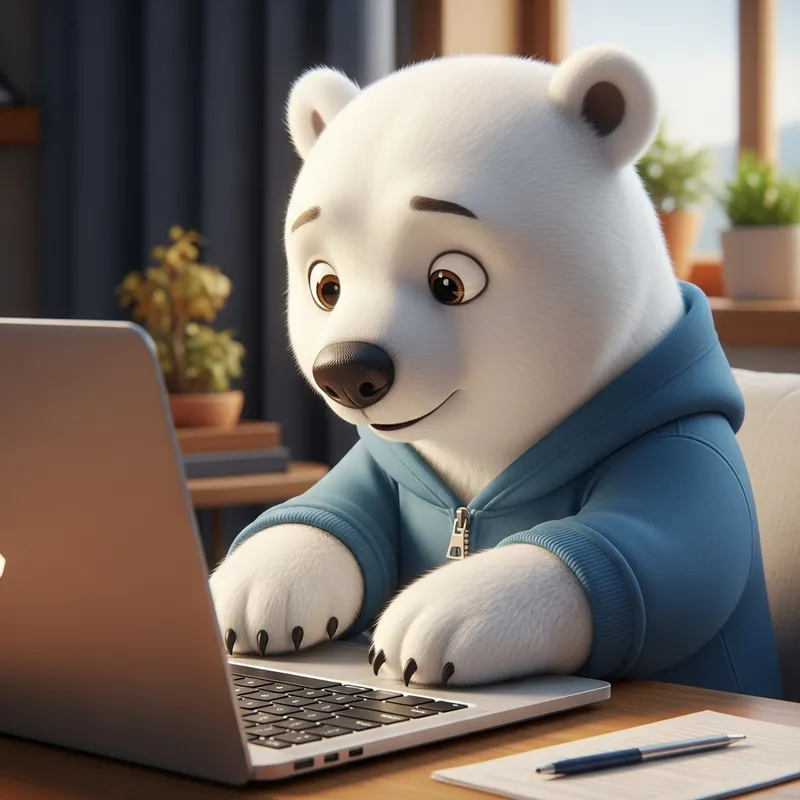 Cute Polar Bear Typing on Laptop Keyboard