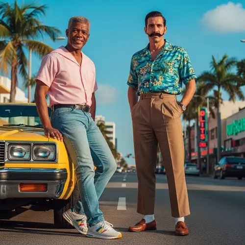 South African Man with Grey Hair and Colombian Man in 80s Style Clothing