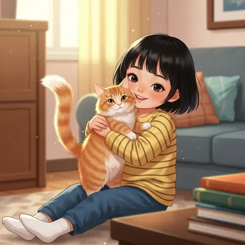 Joyful Girl Cuddling Orange Tabby Cat in Cozy Living Room