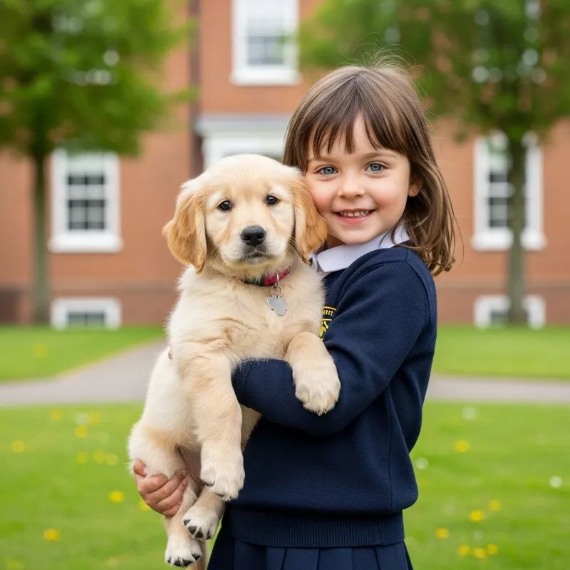 Small Girl with Golden Retriever Puppy at School | Heartwarming Image