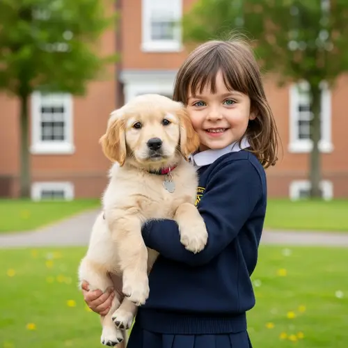 Small Girl with Golden Retriever Puppy at School
