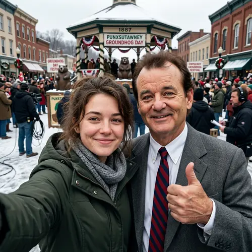 Candid Selfie with Bill Murray at Groundhog Day Festival