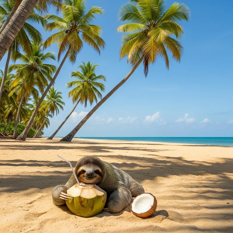 Sloth Relaxing on a Tropical Beach with Coconut