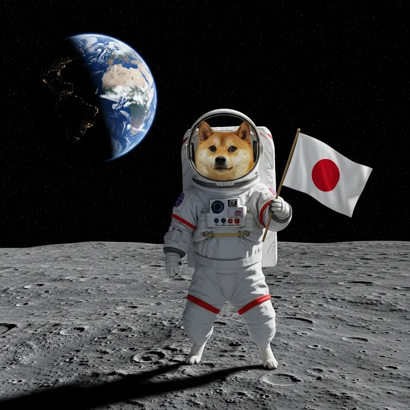 Adorable Shiba Inu in Spacesuit with Japanese Flag on Moon - Whimsical Space Exploration