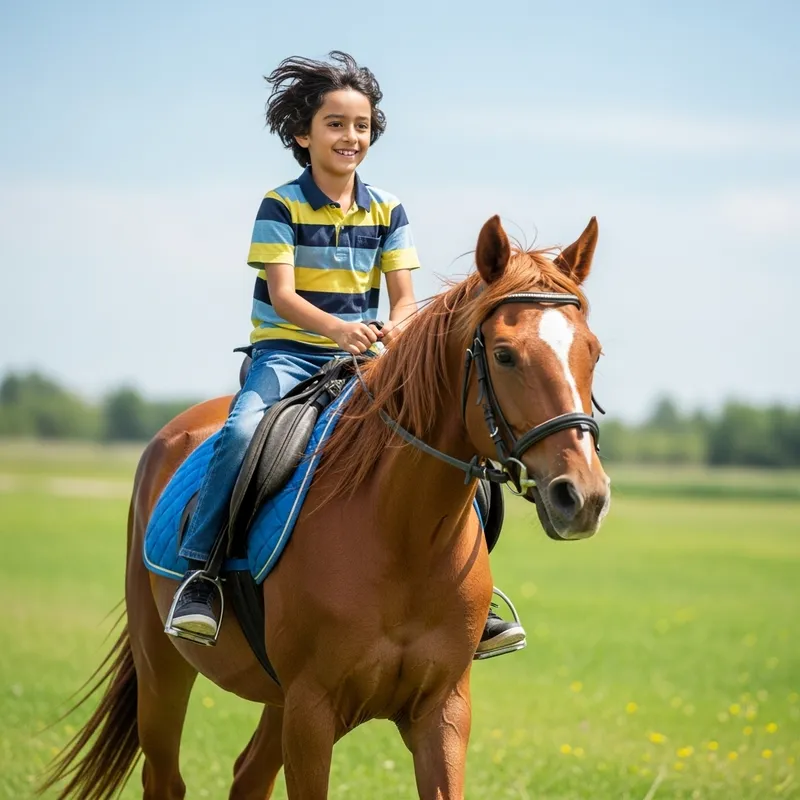 Happy Little Boy Riding Horse in Meadow