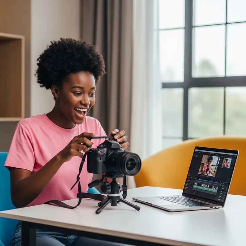 Excited Female Vlogger Filming in Vibrant Room | Video Creation Tips