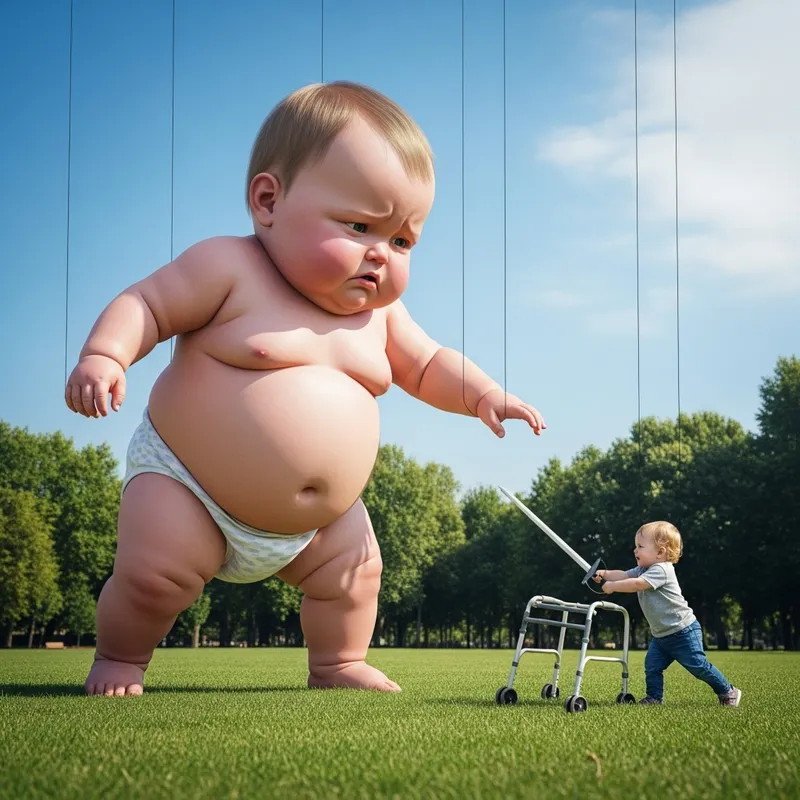 Enormous Angry Baby Confronts Toddler with Adult Walker