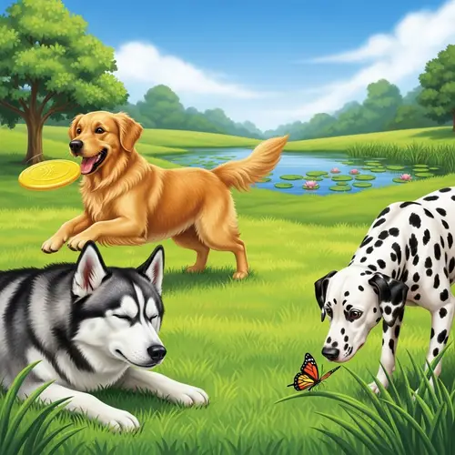 Heartwarming Scene of Golden Retriever, Siberian Husky & Dalmatian Dogs in a Park