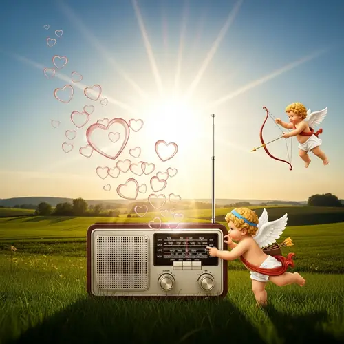 Vintage-Style Radio Emitting Love: Dream-Like Outdoor Scene