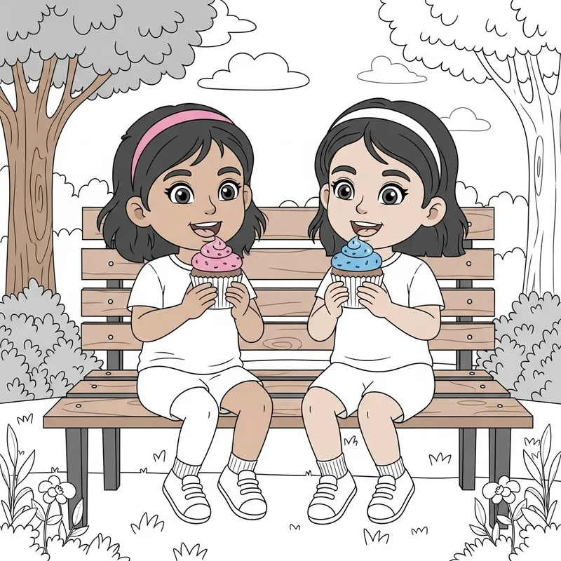 Coloring Page: Twin Girls Eating Cupcakes in the Park Coloring Page: Twin Girls Eating Cupcakes in the Park