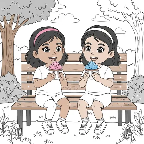 Coloring Page: Twin Girls Eating Cupcakes in the Park