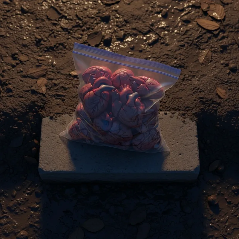 Realist Scene: Human Hearts in Zip Lock Bag at Dusk