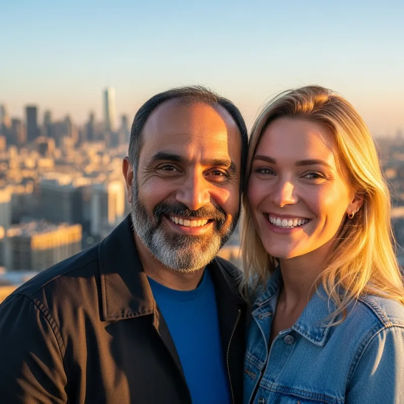 Happiness in City: Sunset Bliss with Friendly Couple