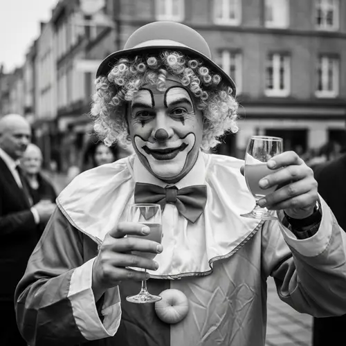 Politician in Clown Costume Holding Glass of Beer