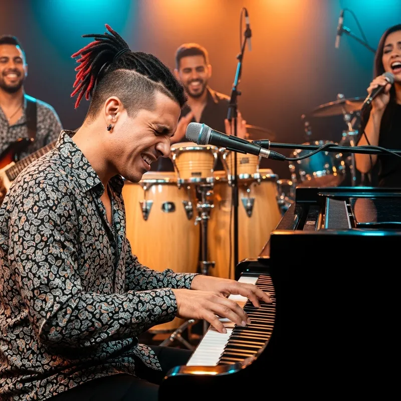Argentinian Musician with Black and Red Dreadlocks Playing Piano in Cumbia Band Argentinian Musician with Black and Red Dreadlocks Playing Piano in Cumbia Band
