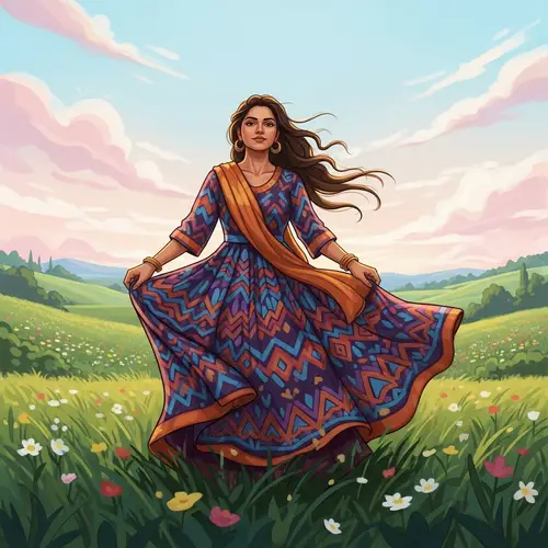 South Asian Woman in Vibrant Dress | Calm Landscape Scene