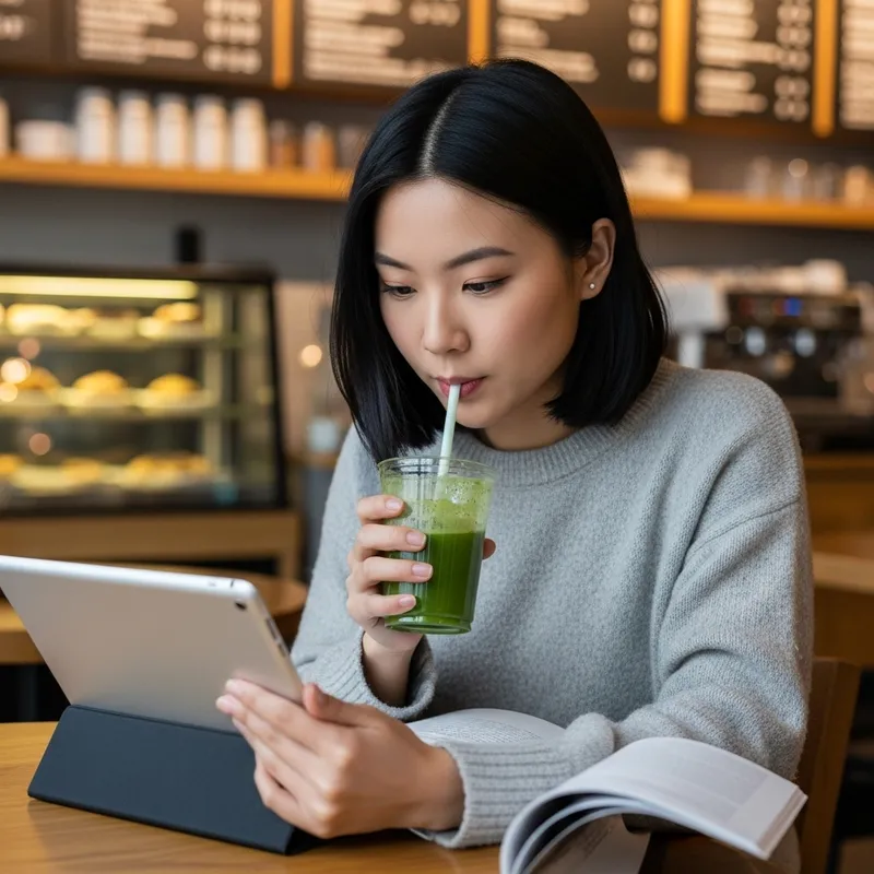 Cozy Coffee Shop Study Session of East Asian Woman with Green Smoothie