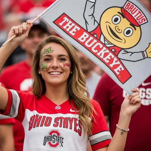 Enthusiastic Ohio State Buckeyes Fan Cheering with Brutus Flag